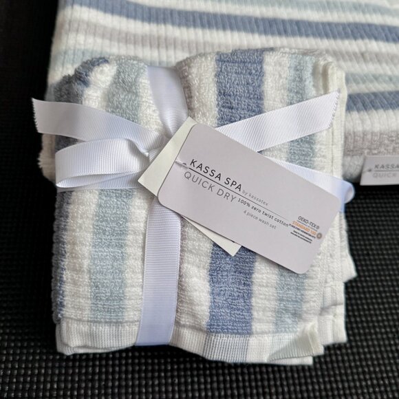 5pc Kassa Spa White Blue Striped Stripes Towels Washcloths Quick Dry 100% Cotton - Picture 5 of 7